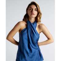 Top halter de seda drapeado color marino