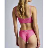 Bikini top con teijdo estampado de topos color fucsia