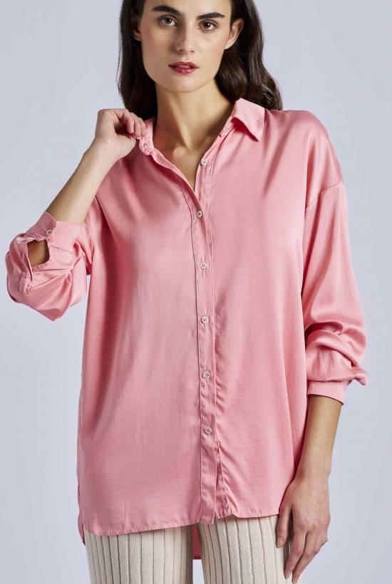 Camisa de manga larga de seda color rosa