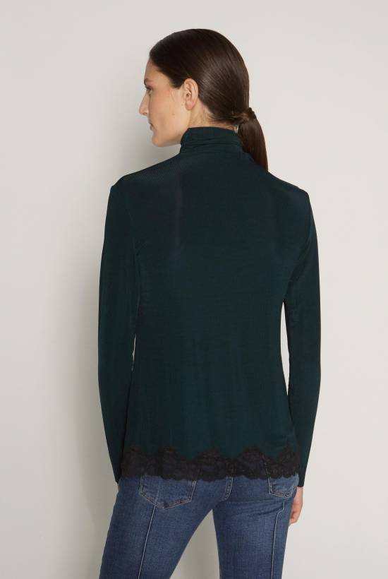 Turtleneck ribbed top with lace trim